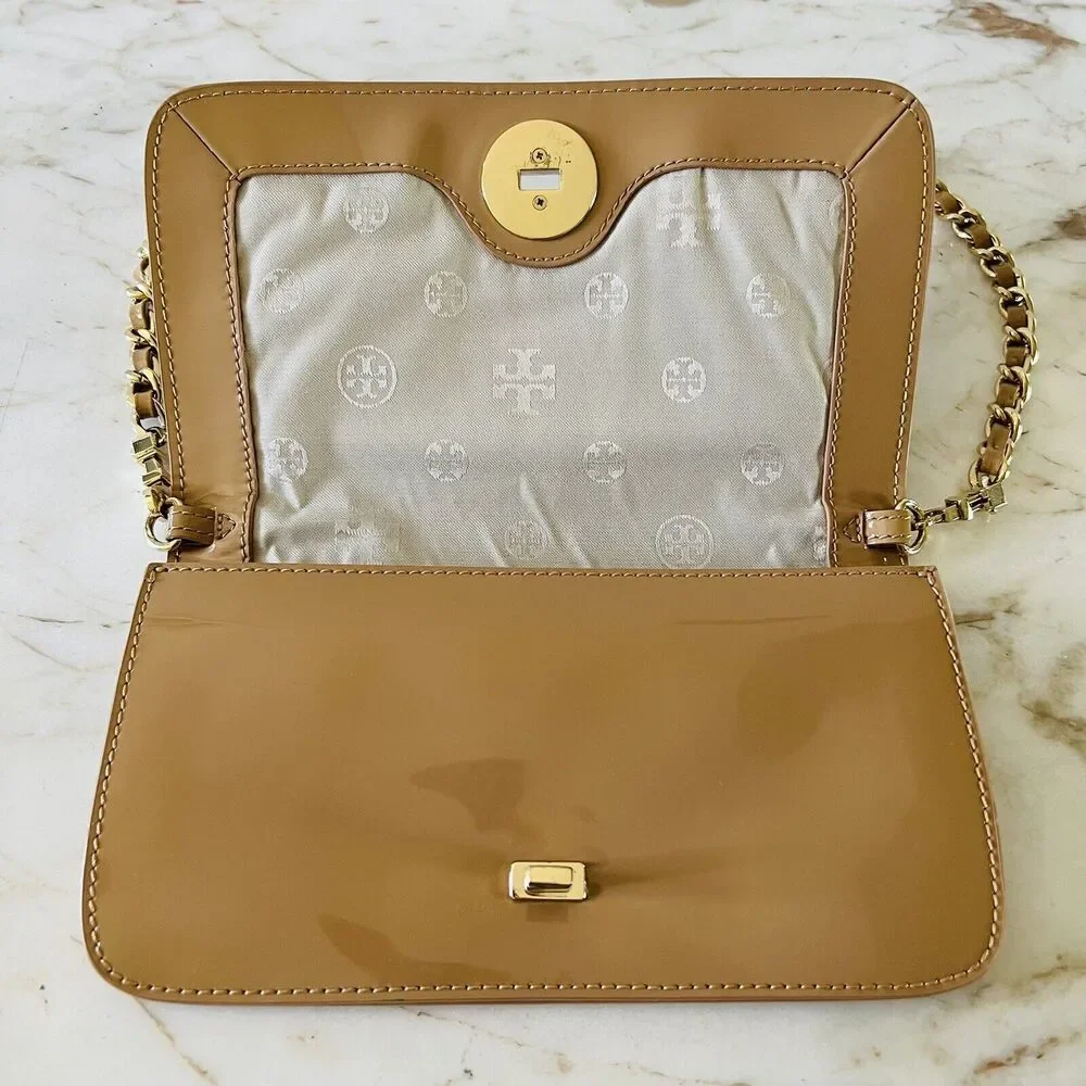 TORY BURCH Tan Patent Leather Gold Braided Chain Strap Clutch Shoulder Bag